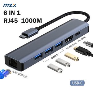 Prise de câble d'alimentation MZX 6 en 1 1000Mbps RJ45 Station d'accueil Ethernet Hub USB compatible 4K 3 0 Type C 3 0 Adaptateur concentrateur Splitter Dock 230712