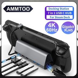 Prise de câble d'alimentation Steam Deck Dock 7 en 1, accessoires de support USB 3 0 4K 60Hz Gigabit Ethernet 1000Mbps USB C PD 100W Hub 231117