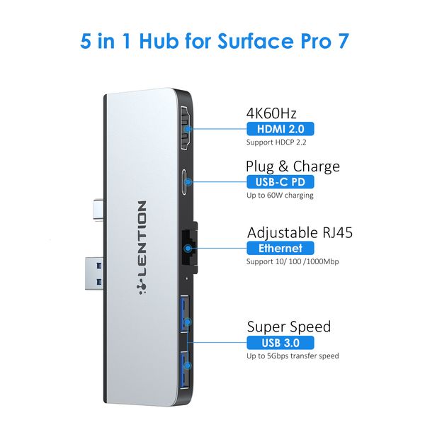 Enchufe del cable de alimentación Surface Pro7 USB 3 0 HUB Multi a USB3 0 Puerto Compatible RJ45 PD Adaptador divisor de cargador para Microsofe Pro 7 230712