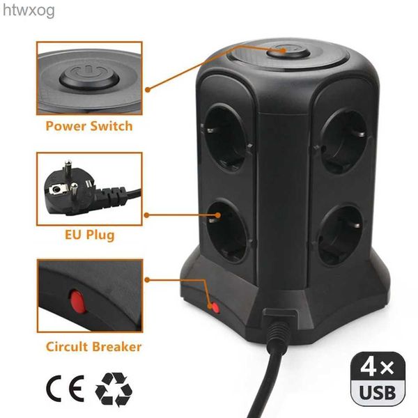 Prise de câble d'alimentation TESSAN Multiprise de bureau multiprise avec interrupteur 6 prises UE 4 ports de charge USB Prise tour verticale noire pour maison/bureau YQ240117