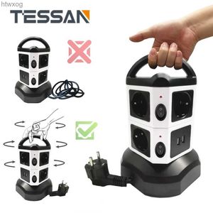Voedingskabelstekker TESSAN EU-stekker met meerdere stekkers, verticale torencontactdoos met 6/10/14 stopcontacten, 4 USB-onafhankelijke schakelaars, 2 m kabel voor thuis YQ240117