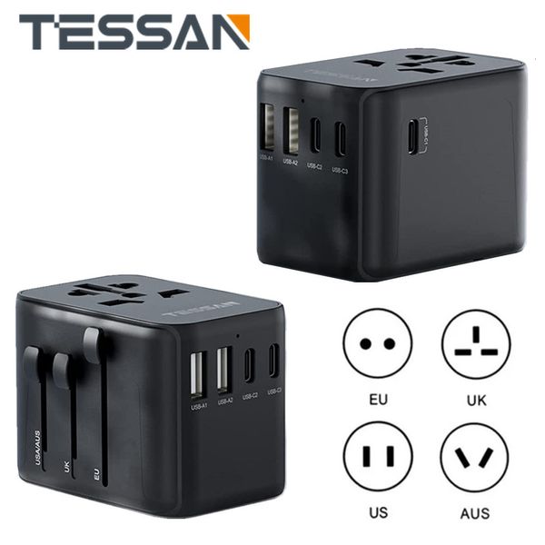 Enchufe del cable de alimentación Adaptador de viaje universal TESSAN Adaptador de alimentación de enchufe internacional todo en uno con cargador de pared USB tipo C para viajes de Reino Unido / UE / AU / EE. UU. 230701