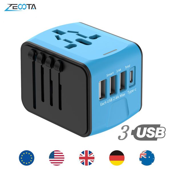 Enchufe del cable de alimentación Adaptador de viaje Enchufe de alimentación universal Reino Unido UE AU Enchufes de EE. UU. Internacional 3 puertos USB Un cargador de pared tipo C para adaptador mundial 230701