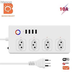 Power Cable Plug Tuya Zigbee WiFi 10A Brazil Power Strip Line Filter 4 Circuit Breakers Plug Smart Energy Sockets 4 Socket Charger 2.1A USB YQ240117