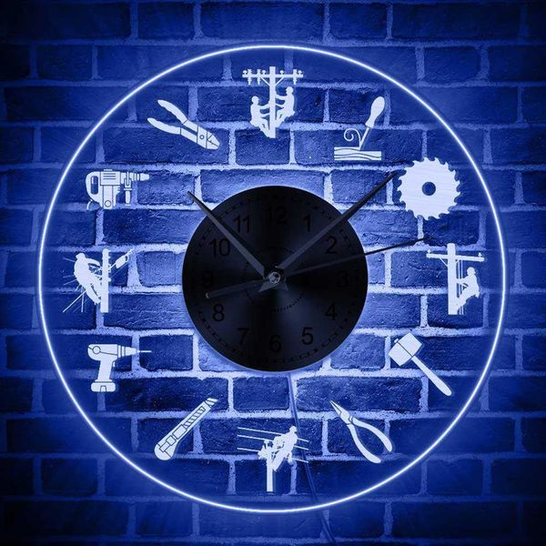 Electricista Lineman Silueta Iluminación LED Reloj de pared Trabajador de línea de alto riesgo Decoración cambiante multicolor Luz de pared LED X0240O