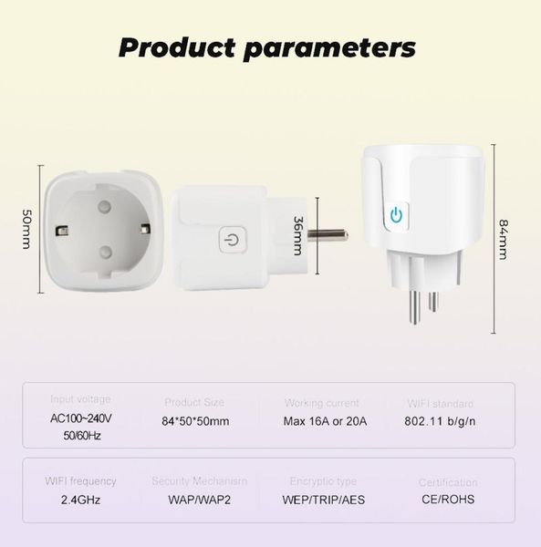 Power Energy Monitor 16A EU UK 10A US WiFi Smart Plug Socket Adaptateur SmartLife App Vopt Control fonctionne avec Alexa Google Home6532512