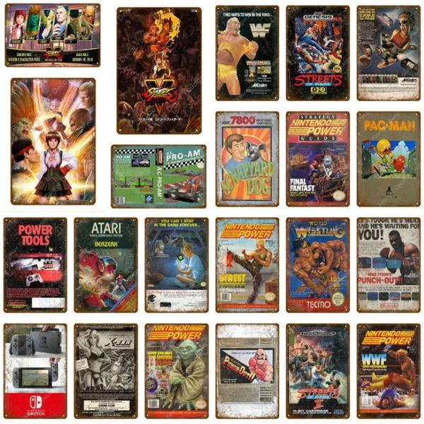 Póster de videojuegos Power Fight, pegatina de pared vintage para decoración de centro de juegos de habitación de niños, placa de pintura de arte del hierro, carteles de Metal 261p