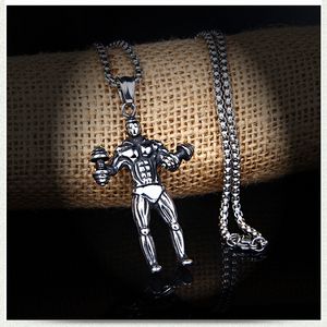 Power roestvrijstalen bodybuilder ketting oude zilveren man halter hanger kettingen met ketting hiphop sieraden wil en zandig