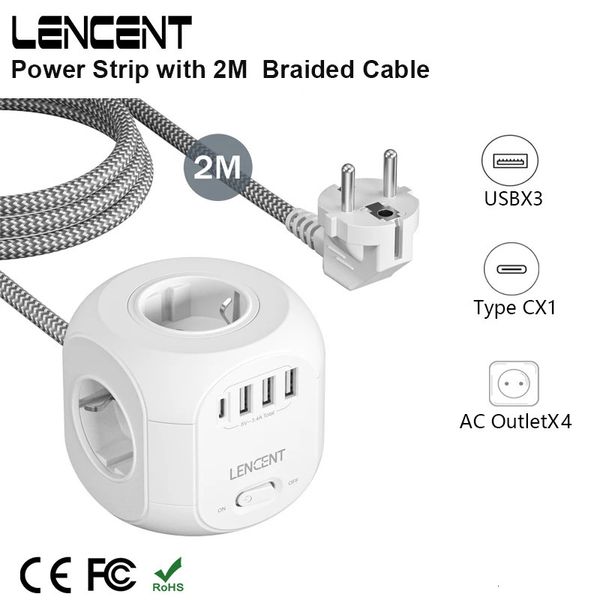 Tiras de Alimentación Cables de Extensión Protectores contra Sobretensiones LENCENT Tira con 4 Tomas de CA 3 Puertos USB 1 Tipo C Cable Trenzado de 2 M Interruptor Extensor de Enchufes Múltiples para Oficina en Casa 231130