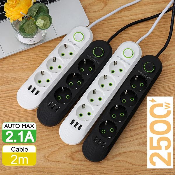 Multiprises Rallonges Parasurtenseurs Bande de prise UE avec 3 ports USB Prise de cordon Filtre réseau Prise secteur à broches rondes Adaptateur de charge électrique 2500 W 231130