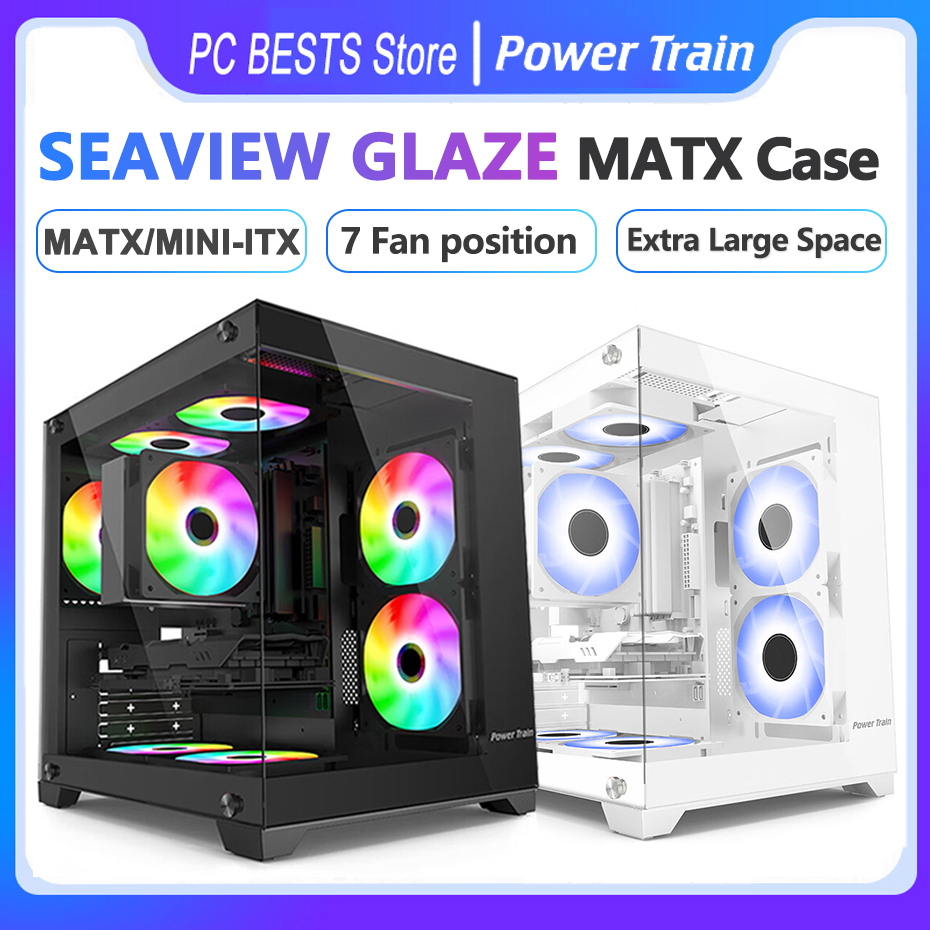Power Train Seaview Glaze Matx Case Panorâmica Transparência sem Pilares Suporte 240 Watercooler Computer Desktop Chassis