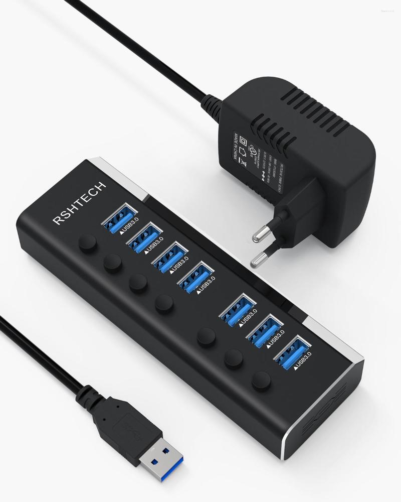 Powered USB 3.0 Hub 5Gbps Fast Data Transfer Individual Switch 12V/2A Power Adapter 7 Port For PC Accessories