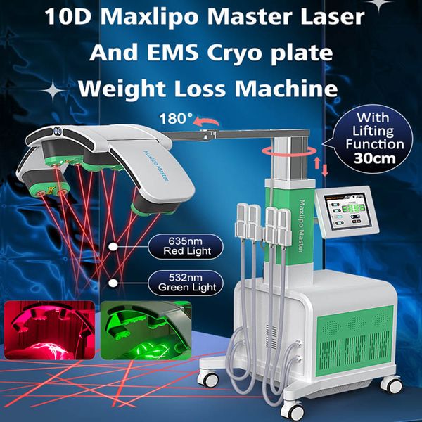 Certification CE Machine d'élimination des graisses au laser Lipo 10D Lumière rouge verte Dispositif de contour du corps de perte de poids au laser froid 4 tampons de cryothérapie EMS Stimulation musculaire EMSlim