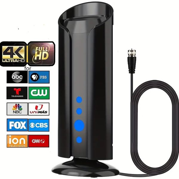 Potente antena de TV para interiores con un alcance de más de 450 millas - Compatible con 8K 4K Full HD - Incluye amplificador de señal y cable coaxial de 26 pies para televisores inteligentes antiguos