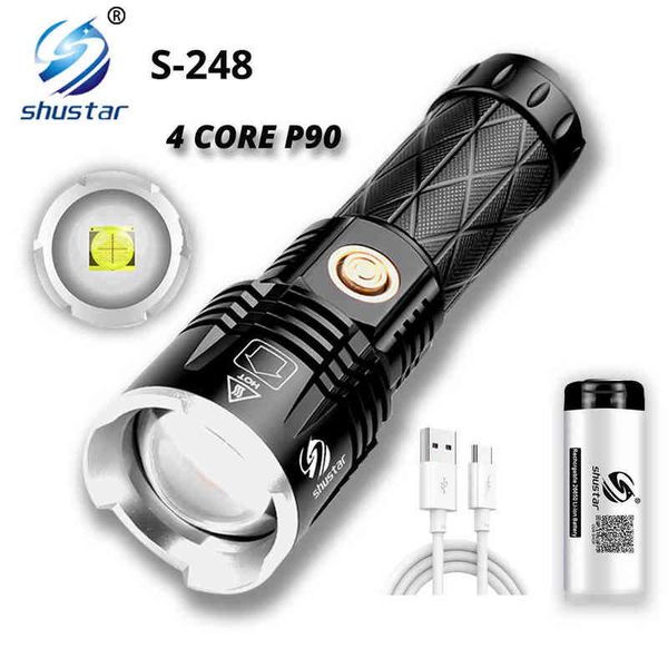 Lampe de poche LED puissante USB 4-Core P90 Lampe de poche Super Bright Étanche 26650 Lanterne Zoom Télescopique Portable Lampe de poche extérieure J220713