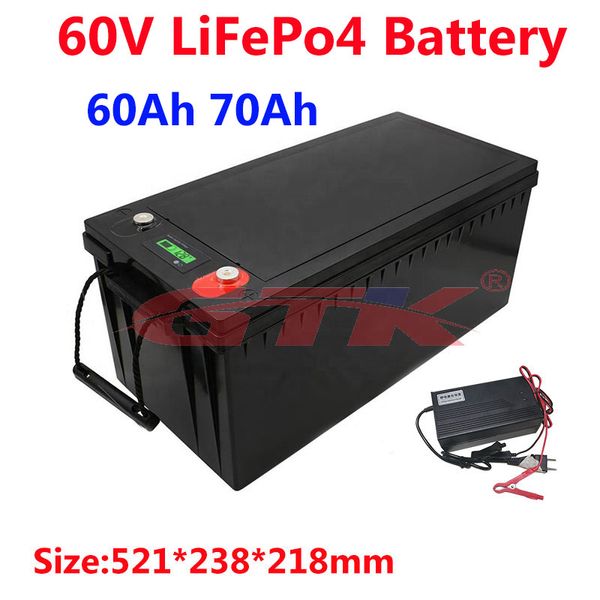 Puissante batterie LiFepo4 60V 60Ah 70Ah avec BMS pour camping-car, fauteuils roulants, pousse-pousse électrique extérieur + chargeur 10A