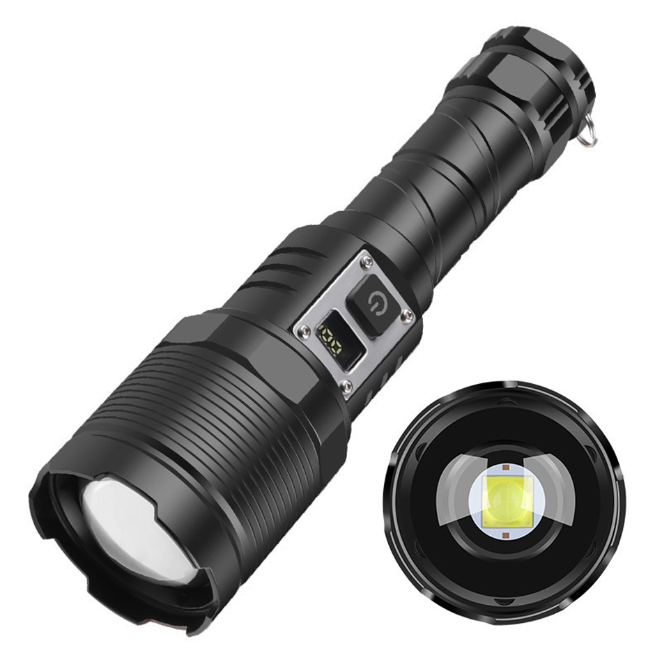 Potente antorcha negra de linterna LED LED con lámpara recargable súper portátil de lámparas XHP70 Lámpara para expediciones, caza, etc.