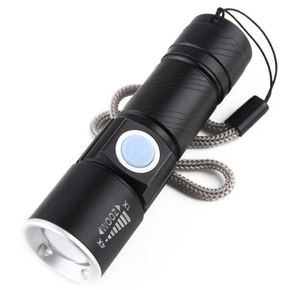 Puissante torche LED USB pratique lampe de poche rechargeable USB mini lampe de poche LED lampe zoomable batterie 18650 intégrée pour la chasse Camping