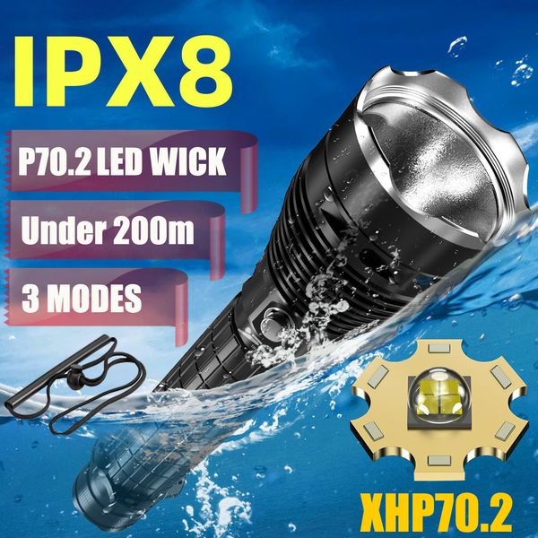 Potente linterna de buceo XHP70.2 LED Buceo 15000lm Luz de buceo bajo agua 200m IPX8 Torcha de buceo impermeable para pesca para pescar