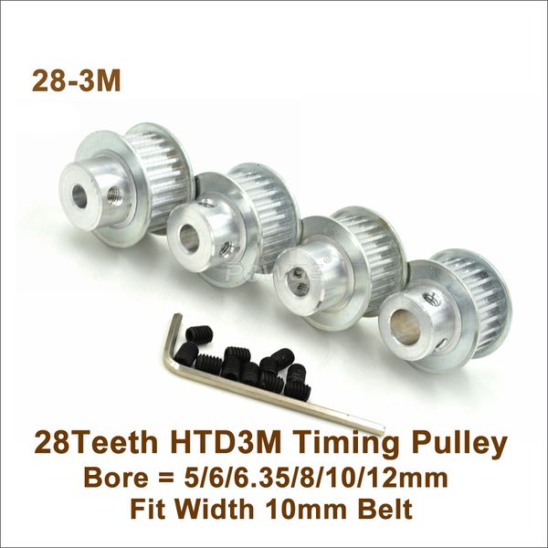 POWGE 28 Dientes 3M Tiempo de sincronización Polea 5/6/6.35/8/10/12 mm Fit W = 10 mm 3m Cintura sincrónica 28T 28 Teeth Htd3m Máquina de corte de polea