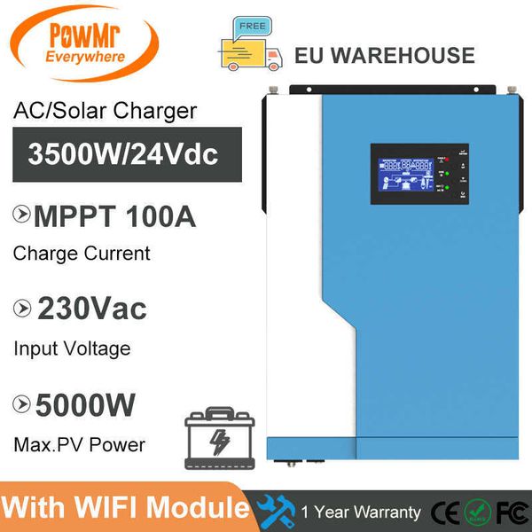 Onduleur hybride PowMr MPPT 100A 3500W 24VDC 230VAC 50Hz/60Hz hors réseau chargeur solaire peut fonctionner sans batterie et prendre en charge le WIFI