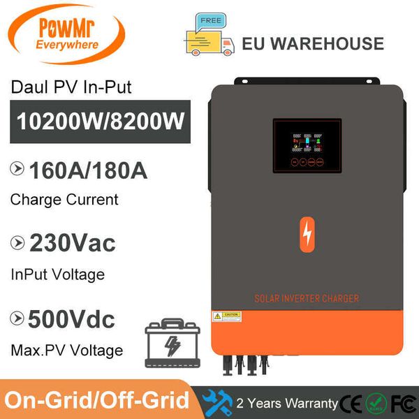 PowMr MPPT 160A 180A 8.2KW 10.2KW Onduleur hybride sur réseau/hors réseau 48V 220VAC pour panneau solaire Daul PV In-Put avec deuxième sortie