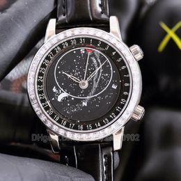 Reloj con complicaciones PP Relojes automáticos 6104 44 mm Caja de diamantes en oro blanco Correa de cuero Cierre plegable con cierre de luna Esfera con fecha lunar Regalo de lujo para hombre para novio