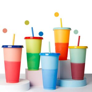 PP verkleuring Straw cup deksel herbruikbare kopjes kleurrijke vaste kleur veranderen plastic warmte isolatie draagbare tumbler magische sap koffie mug z0058