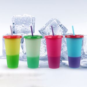 PP verkleuring Straw cup deksel herbruikbare kopjes kleurrijke vaste kleur veranderende plastic warmte isolatie draagbare tuimelaar magische sap koffie mug hz0058