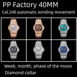 PP Factory2023 40 mm montre masculin Cal.240 Mouvement d'auto-remontage Mois de la lune Panneau d'affichage de phase de lune 5740 / 1G-001 Montres de la plus haute qualité