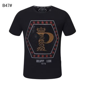 PP Fashion T-shirt design pour hommes coupe slim Strass décontracté à manches courtes col rond t-shirt Skulls Print Tops Col streetwear Polos M-xxxL B47