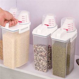 PP Plástico Sellado Tarro Dispensador de cereales Caja de almacenamiento Cocina Transparente Alimentos Granos Contenedores de arroz con taza medidora 211110