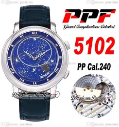 PPF 5102 Celestial Grand Complication A240 Reloj automático para hombre Caja de acero grabada en 3D Esfera azul cielo Correa de cuero Super Edition Puretime PTPP B2