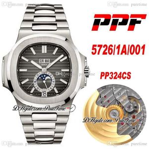 PPF 5726 / 1A / 001 Volledige functie Automatische Mens Horloge Maanfase Grijze Textured Dial Super Edition RVS Bracelet Puretime 324CS PP324SC PTPP Horloges