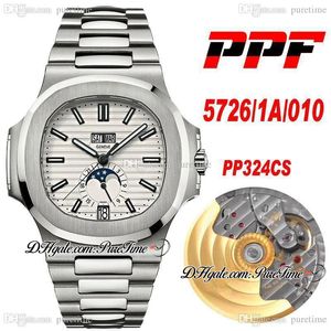 PPF 5726 / 1A / 010 Volledige functie Automatische Herenhorloge Maanfase Witte Gestructureerde Dial Super Edition RVS Bracelet Puretime 324CS PP324SC PTPP Horloges