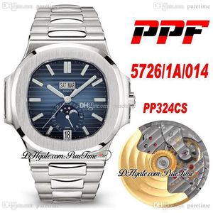 PPF 5726 / 1A / 014 Volledige functie Automatische Herenhorloge Maanfase Blauw Textured Dial Super Edition RVS Bracelet Puretime 324CS PP324SC PTPP Horloges