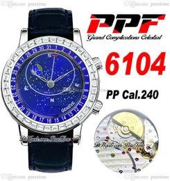 PPF Grand Complicaties Moon Celestial 6104P A240 Automatische heren Watch Baguette Diamonds Bezel Sky Blue Dial Leahter Riem Super Edition Puretime PTPP A1