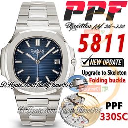 PPF Jumbo 5811 PP330 Reloj automático para hombre 41 mm Esfera con textura azul Marcadores luminosos de barra Pulsera SS de acero inoxidable 316L sólido Edición estupenda Relojes Trustytime001