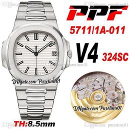 PPF V4 5711-1A-011 A324SC PP324SC Reloj automático para hombre Esfera con textura blanca Marcadores de barra Pulsera de acero inoxidable 8,5 mm de espesor S309r