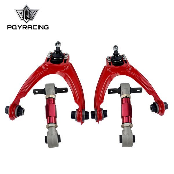 PQY - KIT DE CAMBER DEL TUBO DEL BRAZO DE CONTROL SUPERIOR DELANTERO PARA 96-00 CIVIC LX DX EK EJ TUBULAR + 92-00 Brazos de inclinación traseros ajustables RED PQY-9871R+9851R