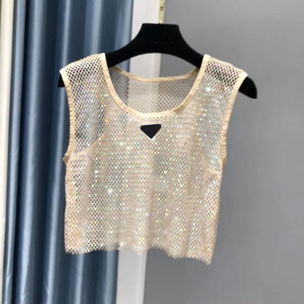 PRA Tank Woman Vest Shirts Net T-shirt Designer Sans manchette Prd Prd Sexy Fashion Luxury Tank Hollow Out Crystal Diamond Femme Vêtes minces Gilet Tees Shirts Tops 643