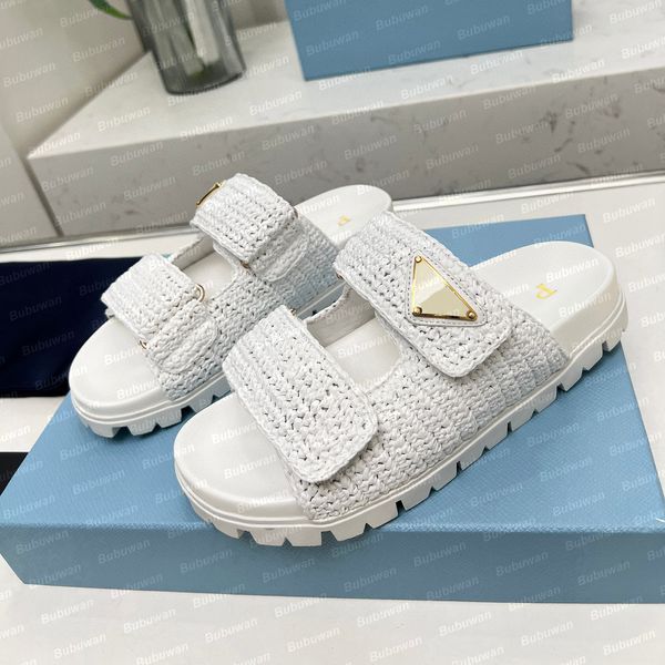 Praada Shoes Designer Slippers Crochet Flatform Slides Dad Platform Sandals Raffia Reedición Beach Mujeres Mulas de lujo Raffie Grueso Bottom Summer Woven 351