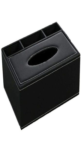 Práctico Boutique Caja de pañuelos de cuero Soporte para control remoto Organizador de escritorio multifuncional Lápiz Tijera Contenedor Negro1354688