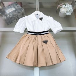 PRAD2024 Camisa de vestir para niña de gama alta, camisa con manga de burbuja, falda corta plisada, ropa de diseñador para niños, vestido de niña, vestido de polo, vestido de escuela primaria, talla 110-160 cm