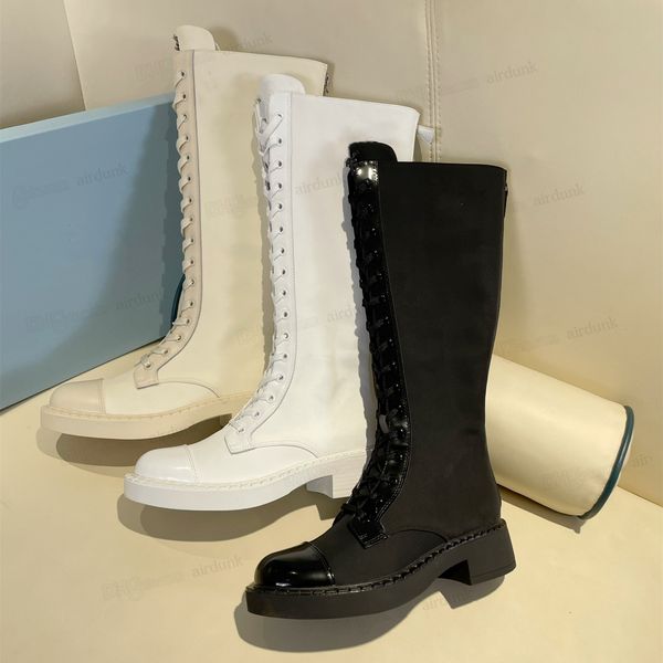 Praddas pada prax prd long bottes genoue femme sexy designer mode brossé cuir et botte en nylon noir blanc combat Renylon Rubber Triangle Boot Winter Martin Boot