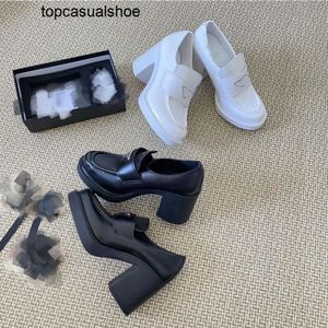 Pradoity Chocolate Block Zapatos de mujer Mocasines con plataforma de tacón fluido Triángulo Mocasín de cuero blanco y negro Sandalias de tacón alto grueso Zapatos de tacón tempranos famosos Mulas de tacón p Nuevo