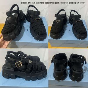 Pradshoes chaussures cage prad crochet monolithe sandales sandali dans Tessuto Intrecciato Black émail émail triangle en caoutchouc Sole Sports Inspired Design Plateforme