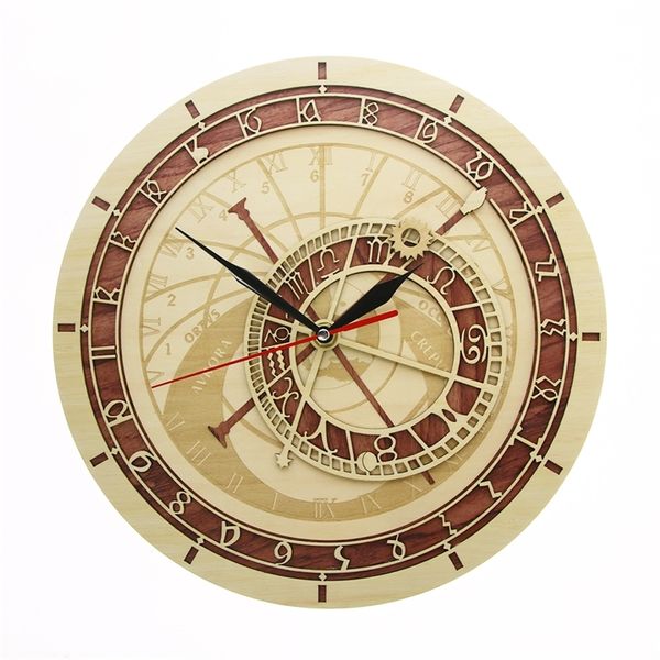 Horloge astronomique de Prague en bois République tchèque Astronomie médiévale Wall Art Astrologie Montre murale décorative Oeuvre Cadeau de Prague 210310