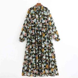 Prairie Chic Floral imprimé longues robes femmes mode col rabattu robe élégante dames mi-mollet 210531