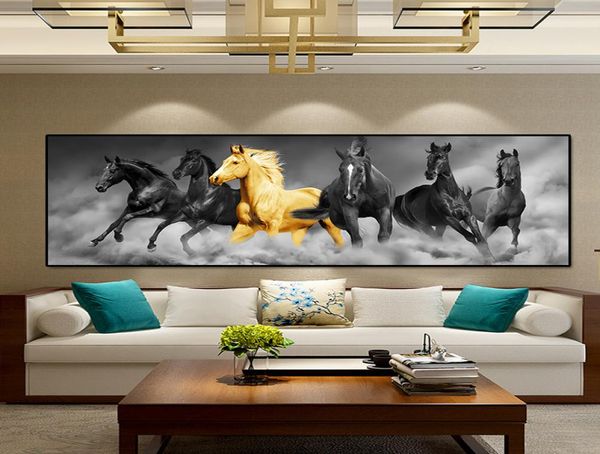 Prairie Six chevaux or et noir animaux peinture à l'huile sur toile affiches et impressions Cuadros mur Art photos pour salon 5203547